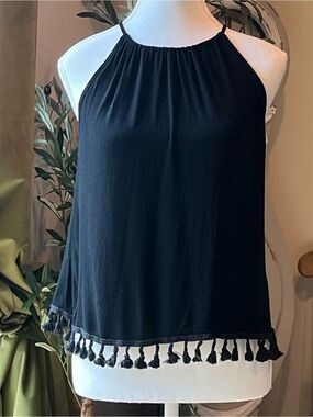 J.W. Style Black Halter Tank Top Tassel Trim Med
